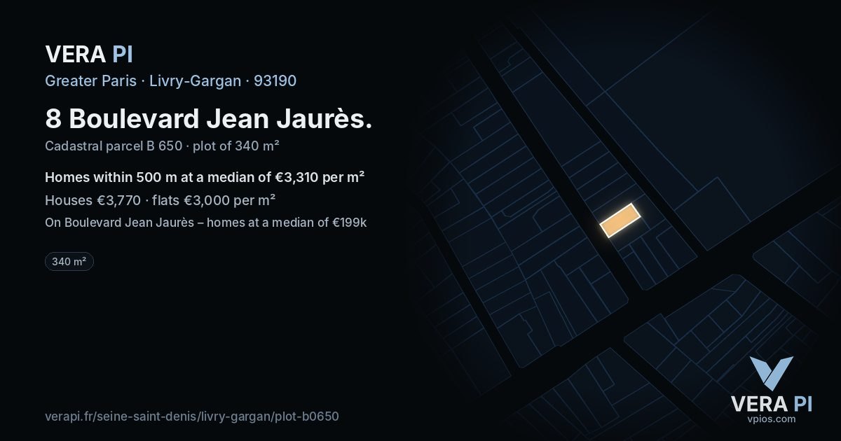 8 Boulevard Jean Jaurès, Livry-Gargan at night – the plot lit, the parcels around coloured by the prices near them