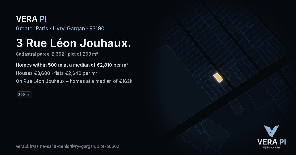 3 Rue Léon Jouhaux, Livry-Gargan at night – the plot lit, the parcels around coloured by the prices near them