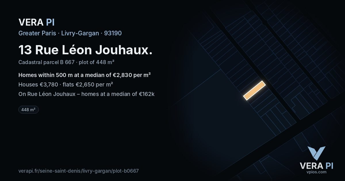 13 Rue Léon Jouhaux, Livry-Gargan at night – the plot lit, the parcels around coloured by the prices near them