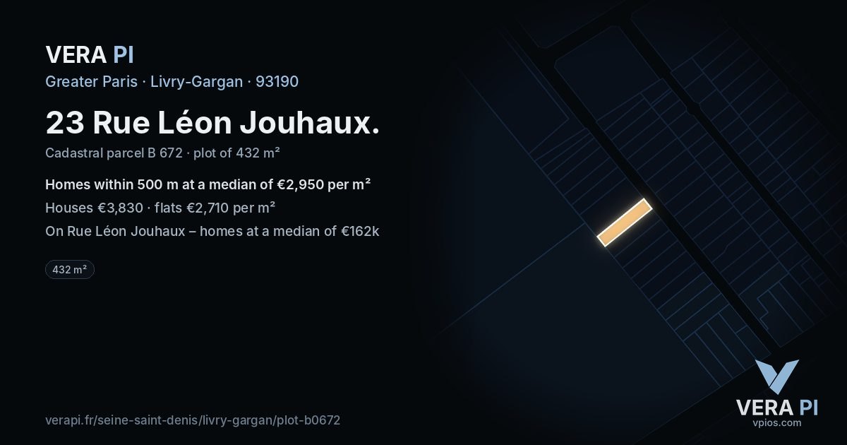 23 Rue Léon Jouhaux, Livry-Gargan at night – the plot lit, the parcels around coloured by the prices near them
