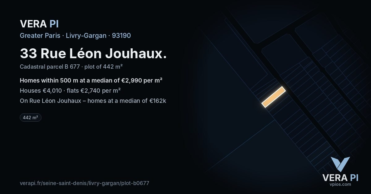 33 Rue Léon Jouhaux, Livry-Gargan at night – the plot lit, the parcels around coloured by the prices near them