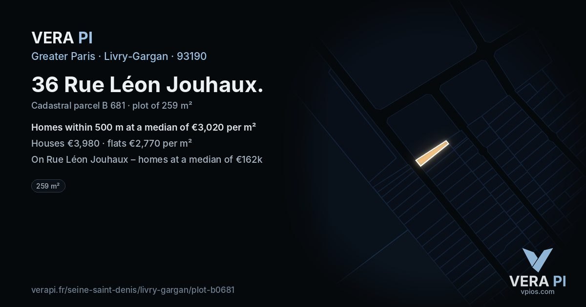36 Rue Léon Jouhaux, Livry-Gargan at night – the plot lit, the parcels around coloured by the prices near them