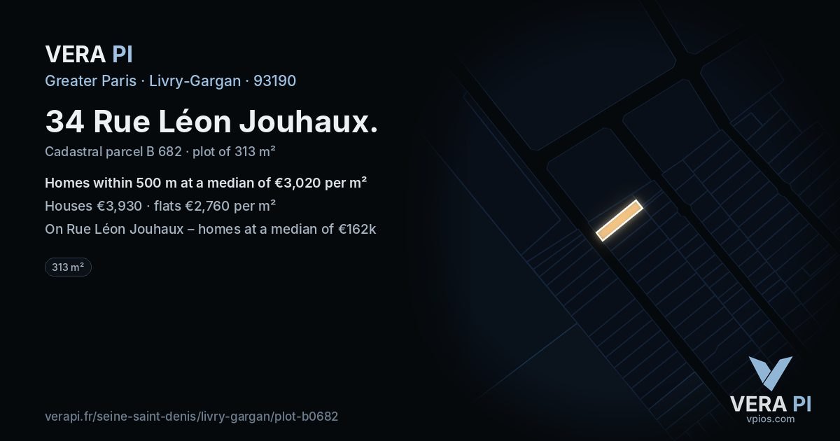 34 Rue Léon Jouhaux, Livry-Gargan at night – the plot lit, the parcels around coloured by the prices near them