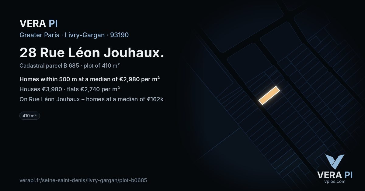 28 Rue Léon Jouhaux, Livry-Gargan at night – the plot lit, the parcels around coloured by the prices near them