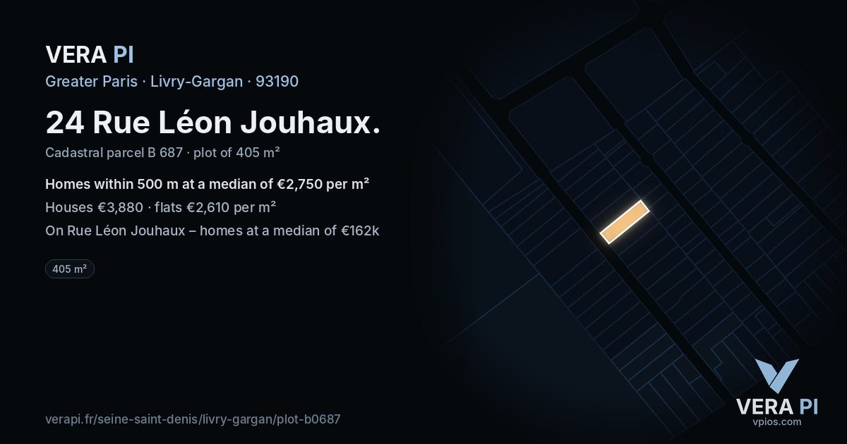 24 Rue Léon Jouhaux, Livry-Gargan at night – the plot lit, the parcels around coloured by the prices near them