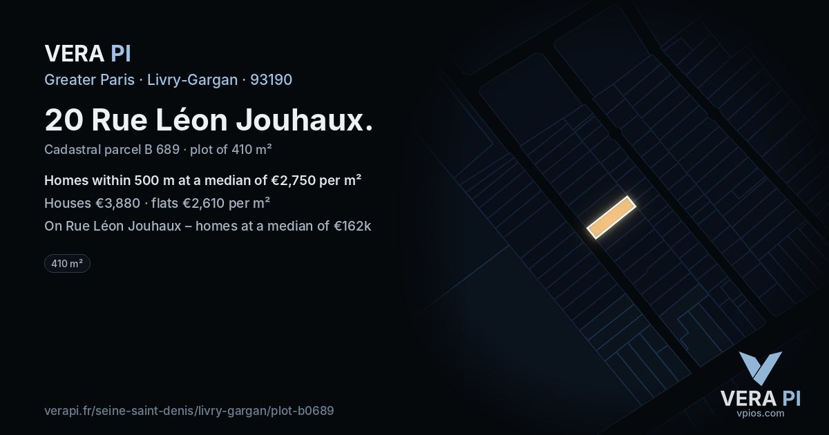 20 Rue Léon Jouhaux, Livry-Gargan at night – the plot lit, the parcels around coloured by the prices near them