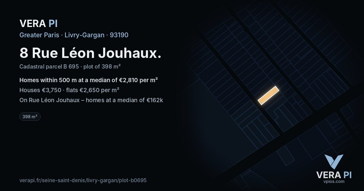 8 Rue Léon Jouhaux, Livry-Gargan at night – the plot lit, the parcels around coloured by the prices near them