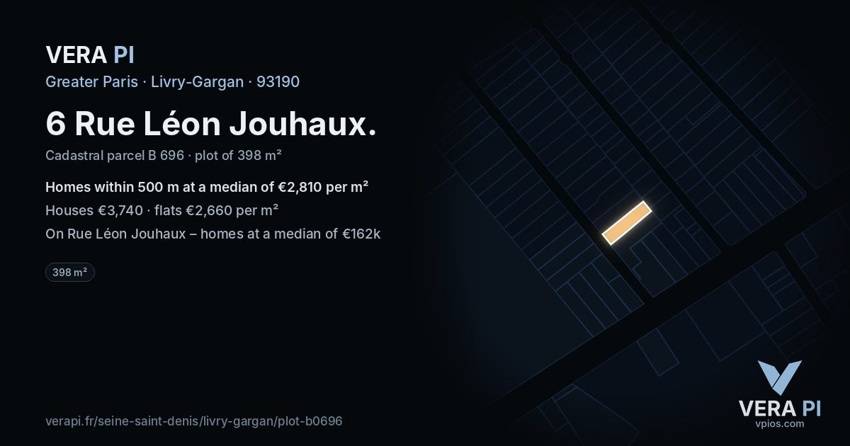 6 Rue Léon Jouhaux, Livry-Gargan at night – the plot lit, the parcels around coloured by the prices near them