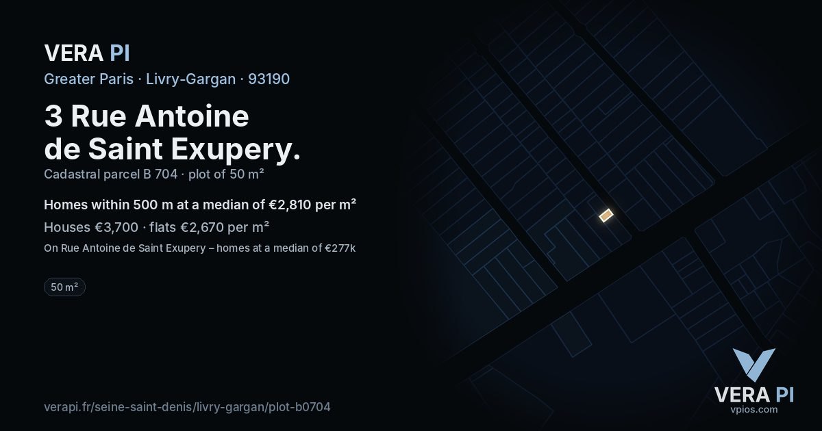 3 Rue Antoine de Saint Exupery, Livry-Gargan at night – the plot lit, the parcels around coloured by the prices near them