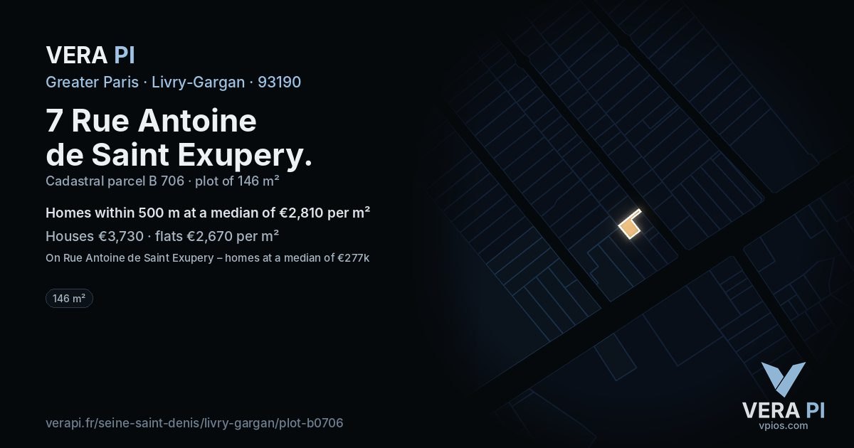 7 Rue Antoine de Saint Exupery, Livry-Gargan at night – the plot lit, the parcels around coloured by the prices near them