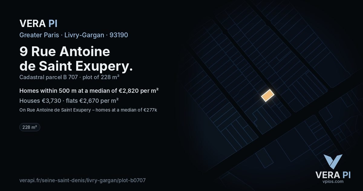 9 Rue Antoine de Saint Exupery, Livry-Gargan at night – the plot lit, the parcels around coloured by the prices near them