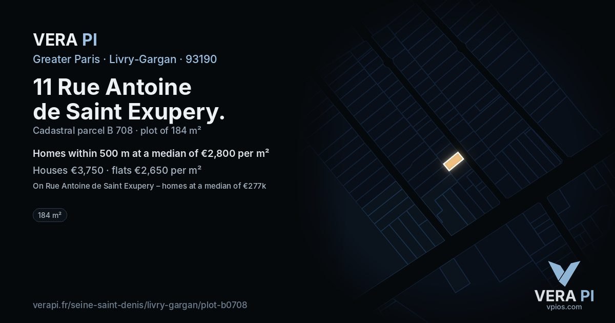 11 Rue Antoine de Saint Exupery, Livry-Gargan at night – the plot lit, the parcels around coloured by the prices near them