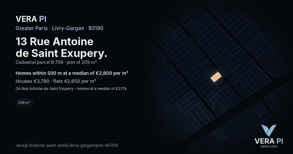 13 Rue Antoine de Saint Exupery, Livry-Gargan at night – the plot lit, the parcels around coloured by the prices near them