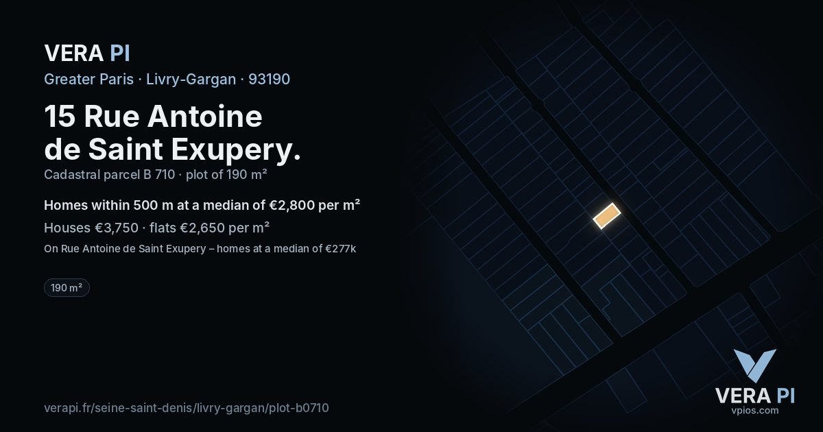 15 Rue Antoine de Saint Exupery, Livry-Gargan at night – the plot lit, the parcels around coloured by the prices near them