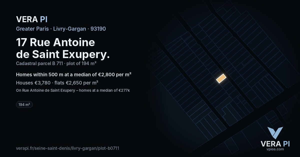 17 Rue Antoine de Saint Exupery, Livry-Gargan at night – the plot lit, the parcels around coloured by the prices near them