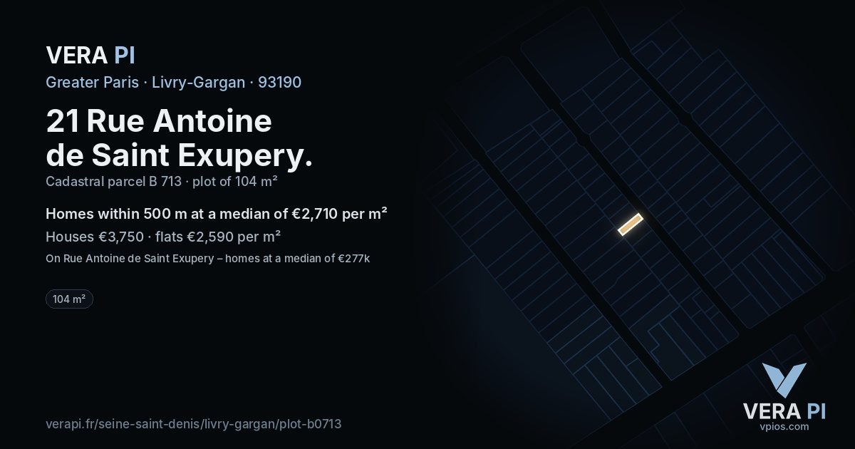 21 Rue Antoine de Saint Exupery, Livry-Gargan at night – the plot lit, the parcels around coloured by the prices near them