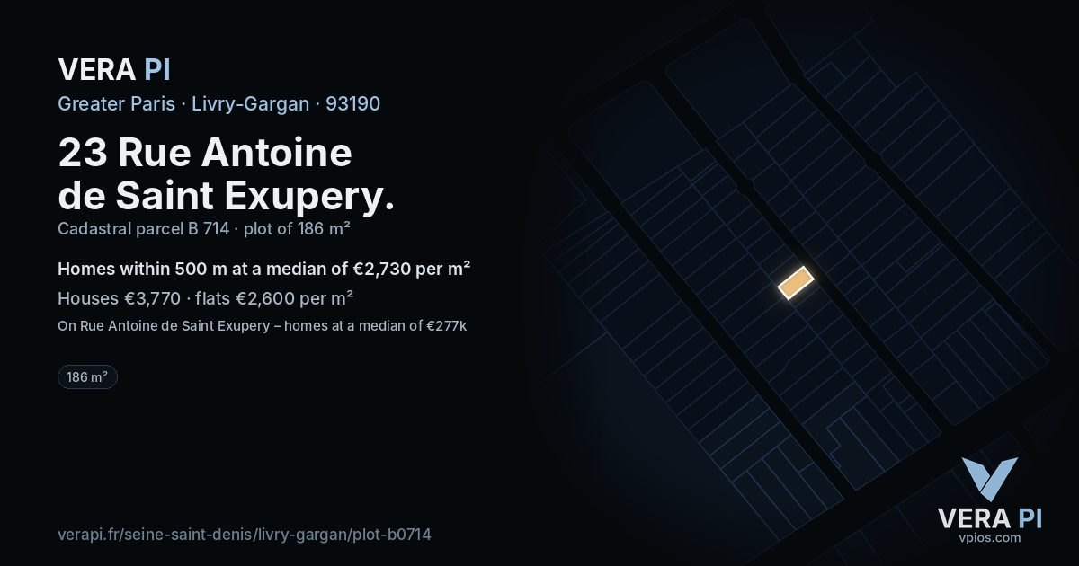 23 Rue Antoine de Saint Exupery, Livry-Gargan at night – the plot lit, the parcels around coloured by the prices near them