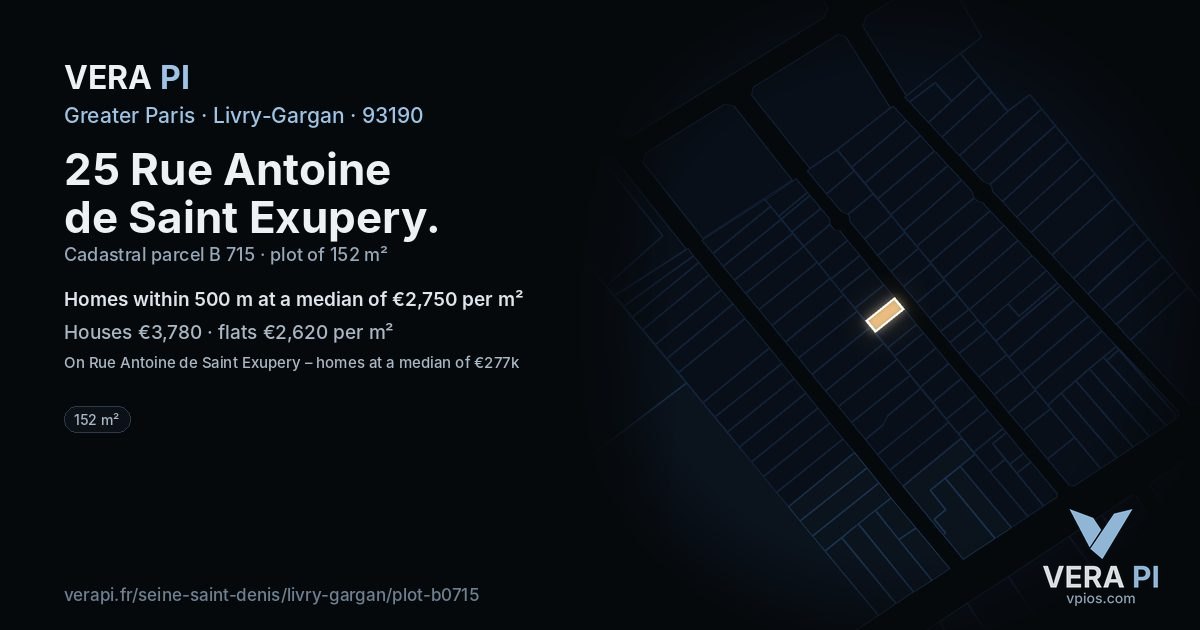 25 Rue Antoine de Saint Exupery, Livry-Gargan at night – the plot lit, the parcels around coloured by the prices near them