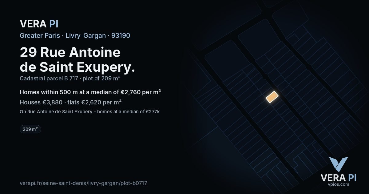 29 Rue Antoine de Saint Exupery, Livry-Gargan at night – the plot lit, the parcels around coloured by the prices near them