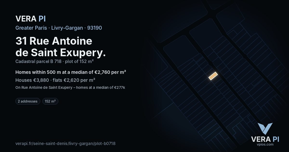 31 Rue Antoine de Saint Exupery, Livry-Gargan at night – the plot lit, the parcels around coloured by the prices near them