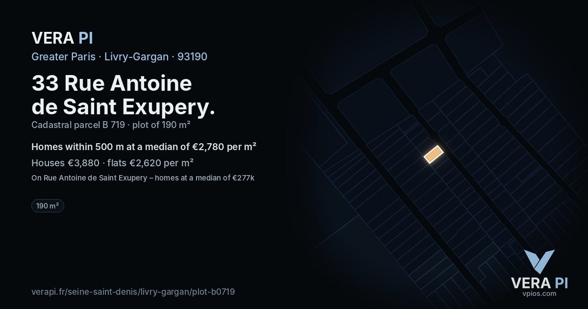 33 Rue Antoine de Saint Exupery, Livry-Gargan at night – the plot lit, the parcels around coloured by the prices near them
