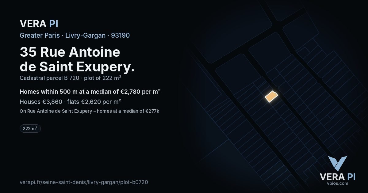 35 Rue Antoine de Saint Exupery, Livry-Gargan at night – the plot lit, the parcels around coloured by the prices near them