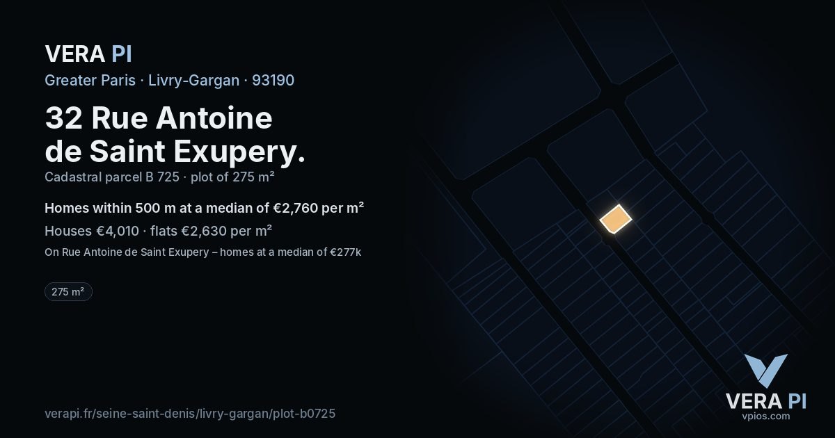 32 Rue Antoine de Saint Exupery, Livry-Gargan at night – the plot lit, the parcels around coloured by the prices near them