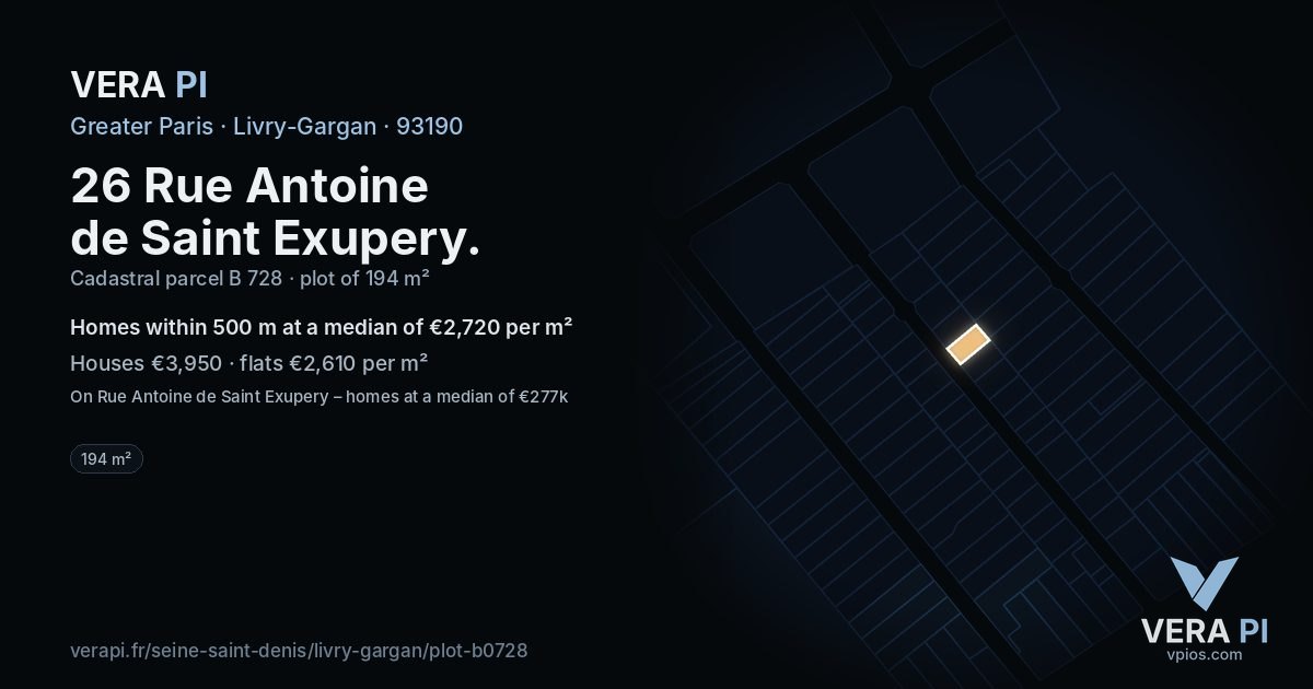 26 Rue Antoine de Saint Exupery, Livry-Gargan at night – the plot lit, the parcels around coloured by the prices near them