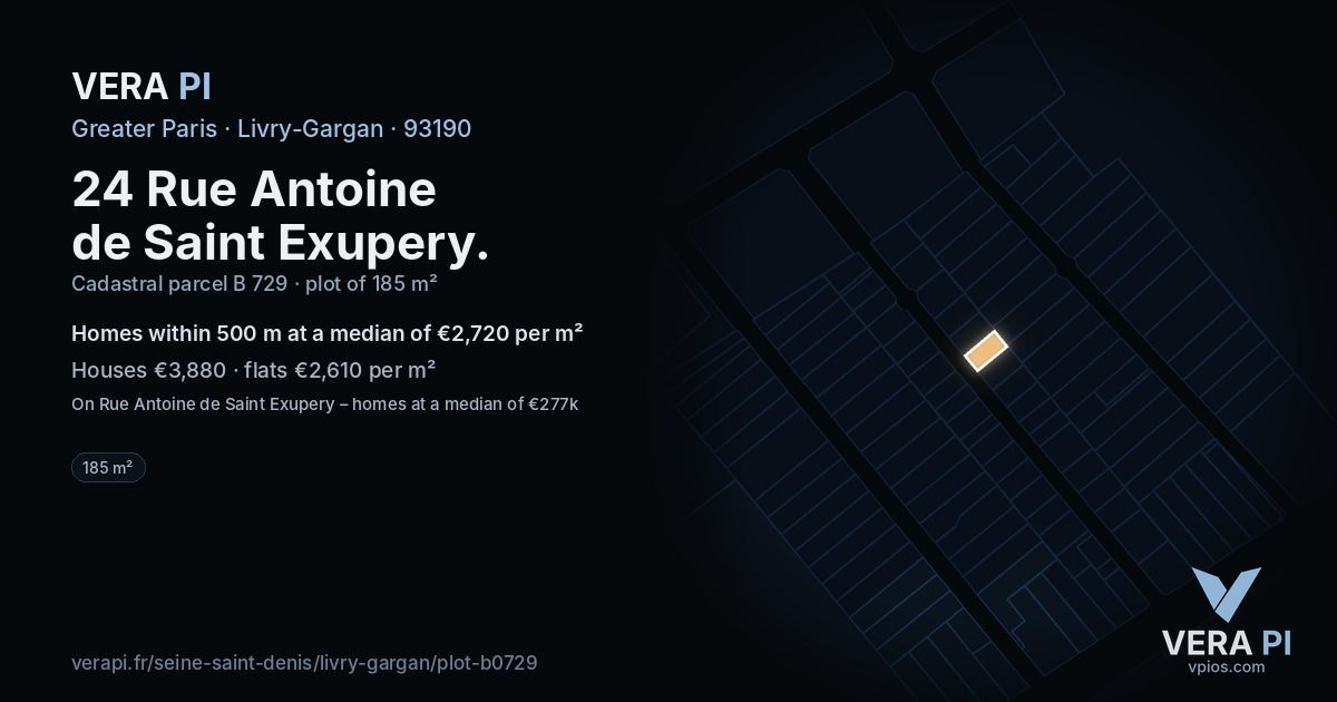 24 Rue Antoine de Saint Exupery, Livry-Gargan at night – the plot lit, the parcels around coloured by the prices near them