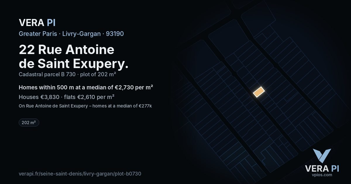 22 Rue Antoine de Saint Exupery, Livry-Gargan at night – the plot lit, the parcels around coloured by the prices near them