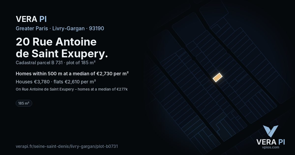 20 Rue Antoine de Saint Exupery, Livry-Gargan at night – the plot lit, the parcels around coloured by the prices near them