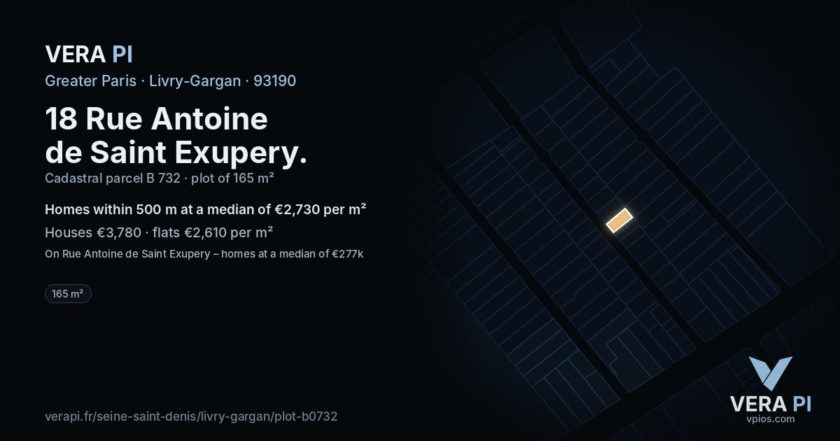 18 Rue Antoine de Saint Exupery, Livry-Gargan at night – the plot lit, the parcels around coloured by the prices near them