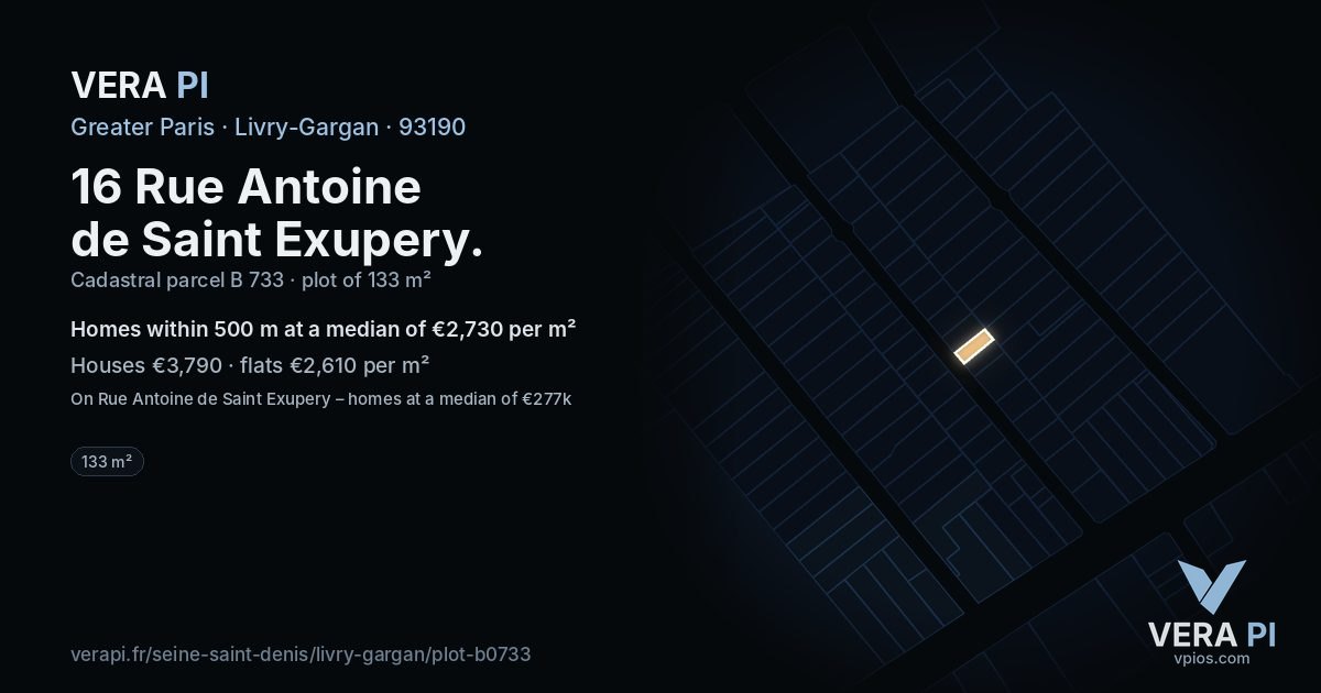 16 Rue Antoine de Saint Exupery, Livry-Gargan at night – the plot lit, the parcels around coloured by the prices near them