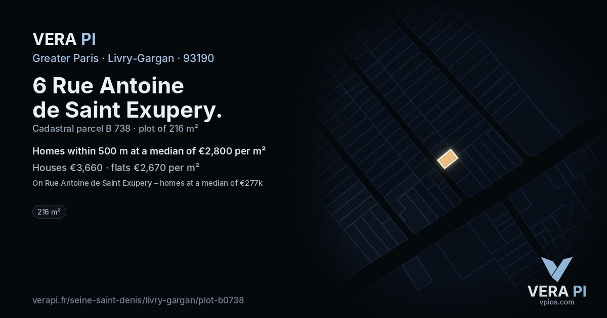 6 Rue Antoine de Saint Exupery, Livry-Gargan at night – the plot lit, the parcels around coloured by the prices near them