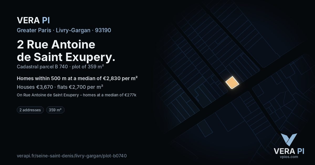 2 Rue Antoine de Saint Exupery, Livry-Gargan at night – the plot lit, the parcels around coloured by the prices near them