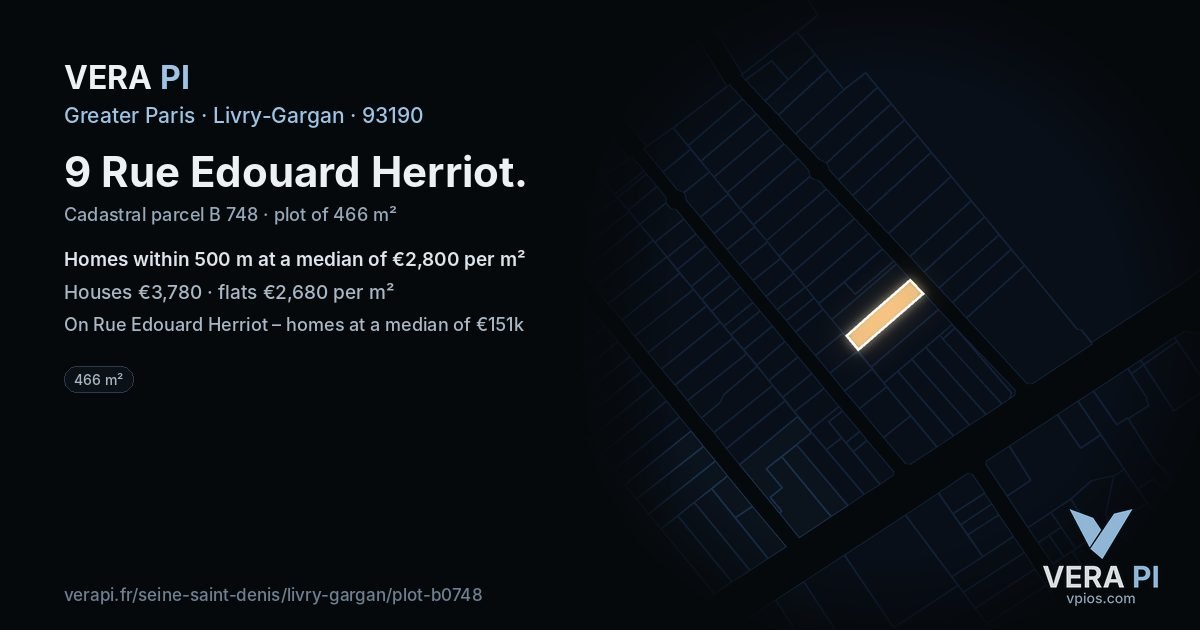 9 Rue Edouard Herriot, Livry-Gargan at night – the plot lit, the parcels around coloured by the prices near them
