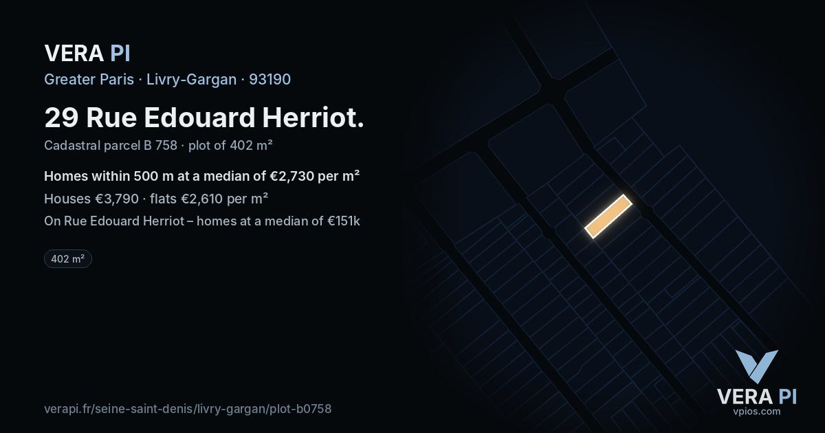29 Rue Edouard Herriot, Livry-Gargan at night – the plot lit, the parcels around coloured by the prices near them