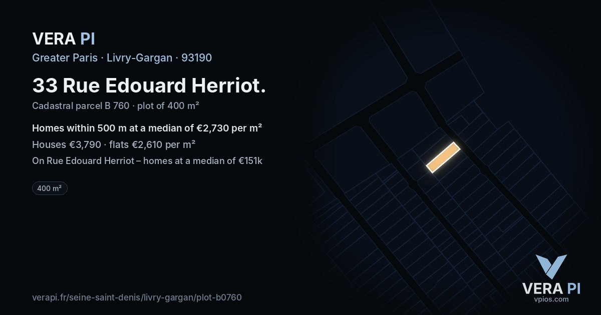 33 Rue Edouard Herriot, Livry-Gargan at night – the plot lit, the parcels around coloured by the prices near them