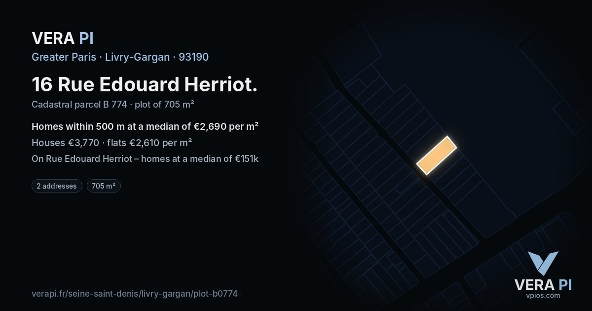 16 Rue Edouard Herriot, Livry-Gargan at night – the plot lit, the parcels around coloured by the prices near them