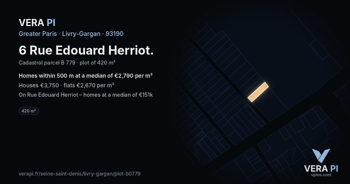 6 Rue Edouard Herriot, Livry-Gargan at night – the plot lit, the parcels around coloured by the prices near them