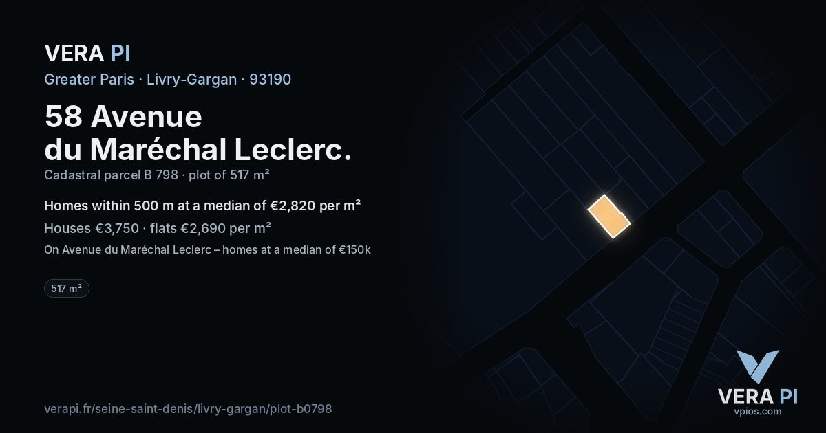 58 Avenue du Maréchal Leclerc, Livry-Gargan at night – the plot lit, the parcels around coloured by the prices near them