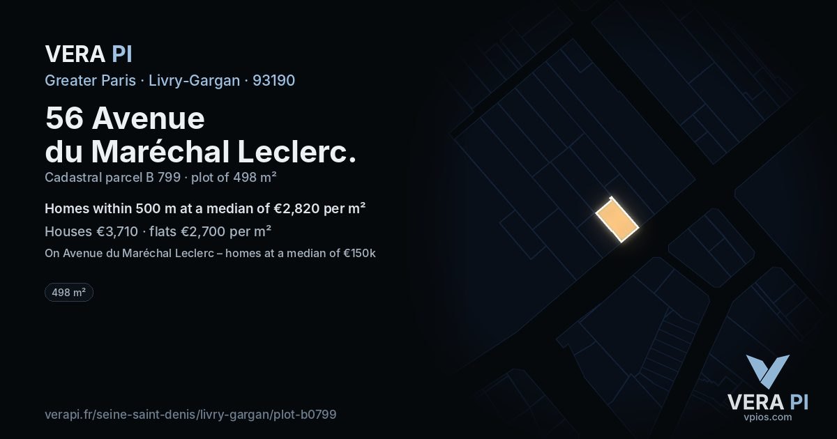 56 Avenue du Maréchal Leclerc, Livry-Gargan at night – the plot lit, the parcels around coloured by the prices near them