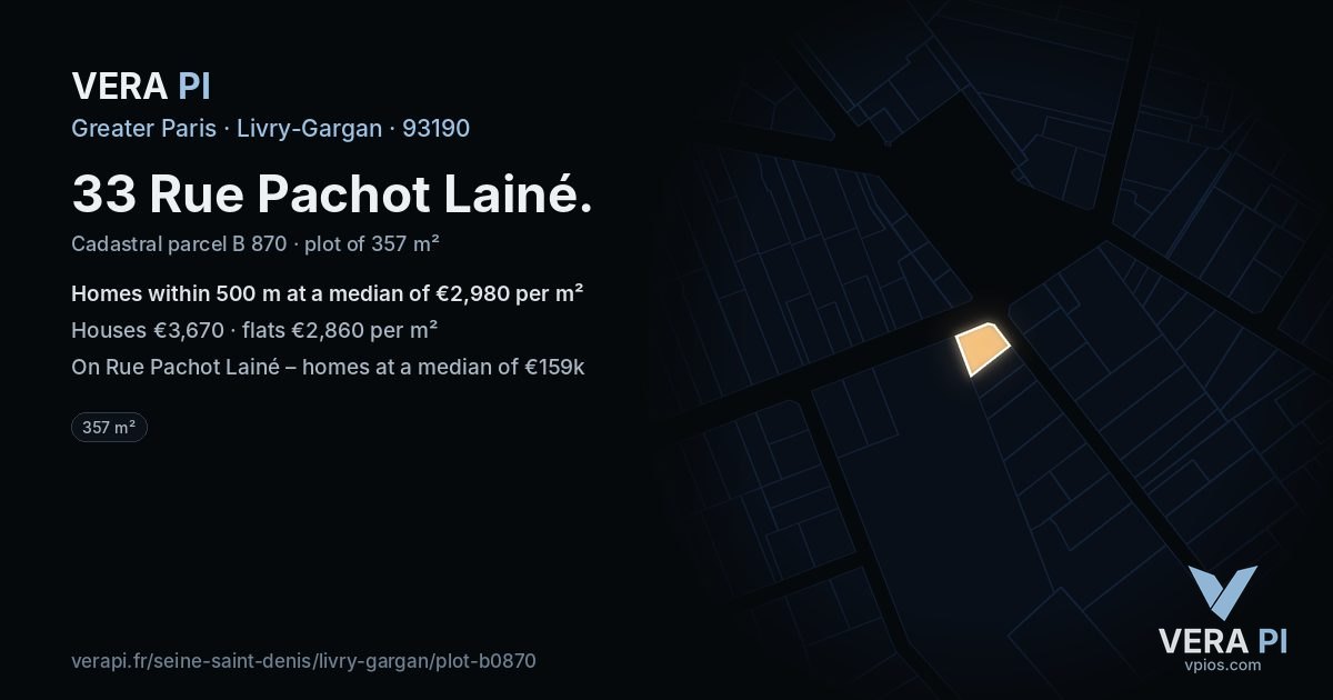 33 Rue Pachot Lainé, Livry-Gargan at night – the plot lit, the parcels around coloured by the prices near them