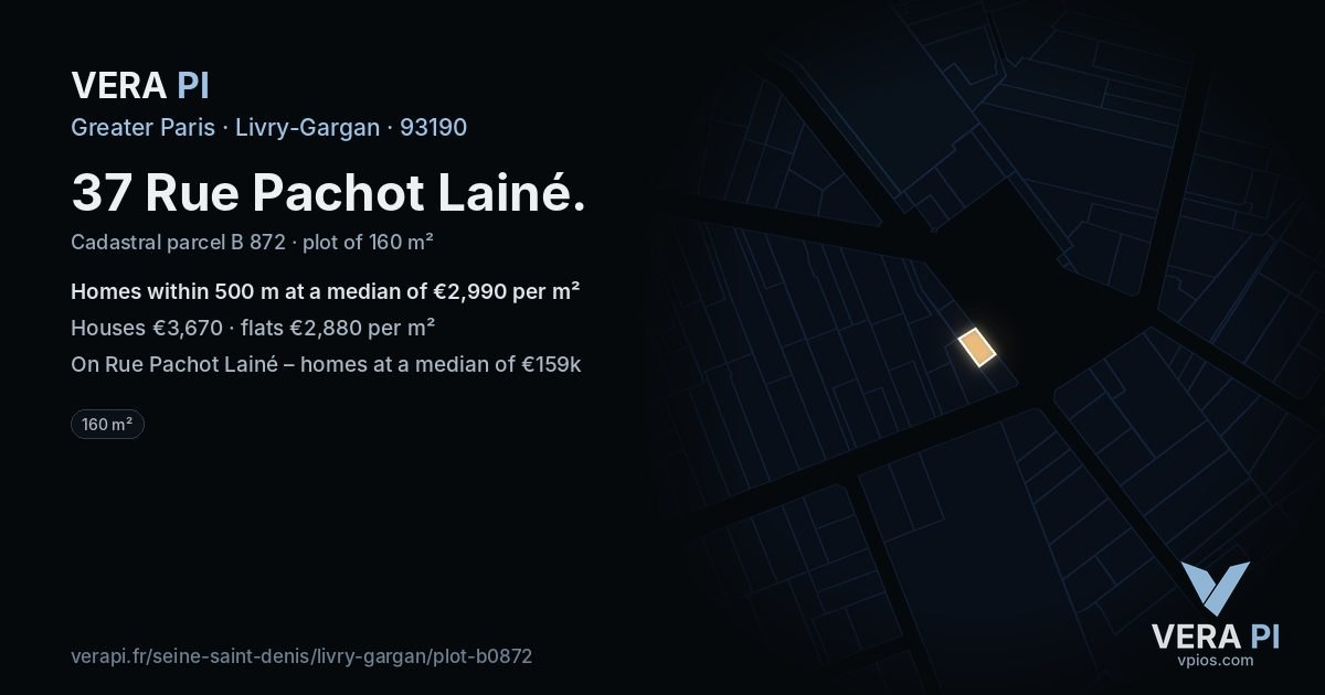 37 Rue Pachot Lainé, Livry-Gargan at night – the plot lit, the parcels around coloured by the prices near them