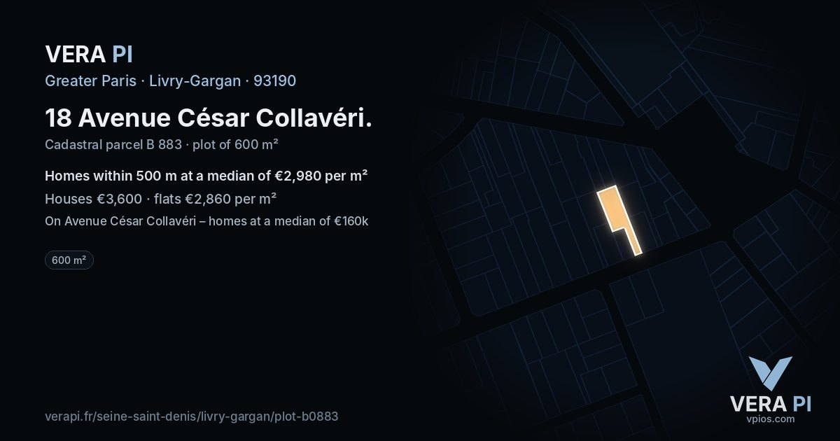 18 Avenue César Collavéri, Livry-Gargan at night – the plot lit, the parcels around coloured by the prices near them