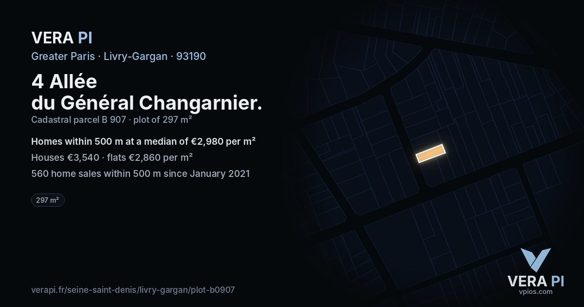 4 Allée du Général Changarnier, Livry-Gargan at night – the plot lit, the parcels around coloured by the prices near them