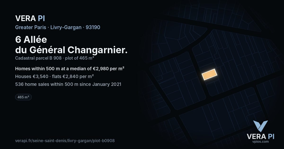 6 Allée du Général Changarnier, Livry-Gargan at night – the plot lit, the parcels around coloured by the prices near them