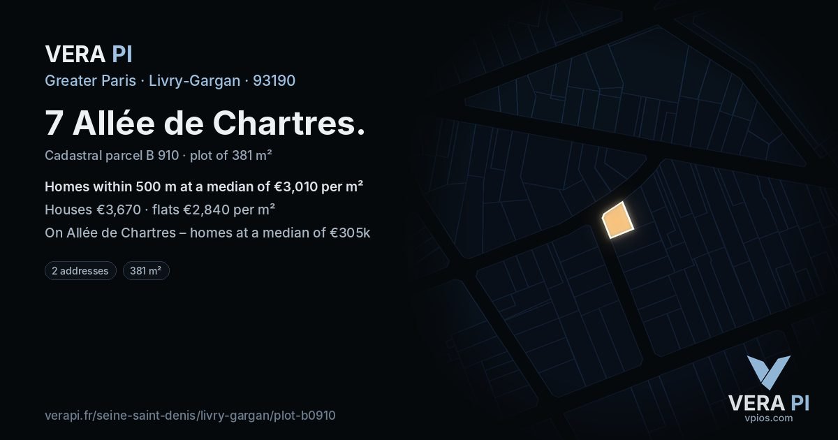 7 Allée de Chartres, Livry-Gargan at night – the plot lit, the parcels around coloured by the prices near them