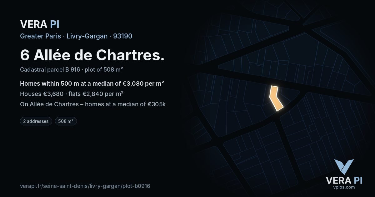 6 Allée de Chartres, Livry-Gargan at night – the plot lit, the parcels around coloured by the prices near them