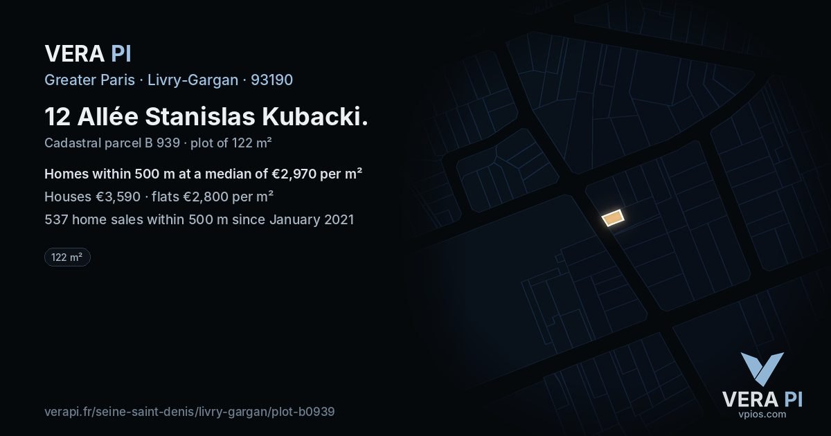 12 Allée Stanislas Kubacki, Livry-Gargan at night – the plot lit, the parcels around coloured by the prices near them